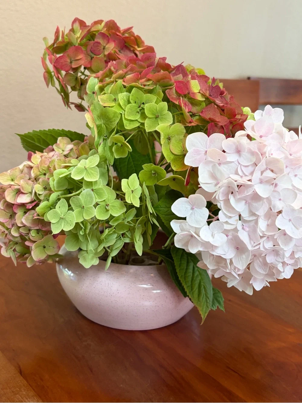 Vintage MCM Bauer Speckled Pink Flower Bowl including Glass Flower Frog